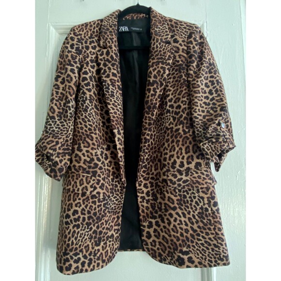Zara Leopard Animal Print Open Front 3/4 Sleeve Lightweight Blazer Jacket Sz XS - Picture 2 of 10